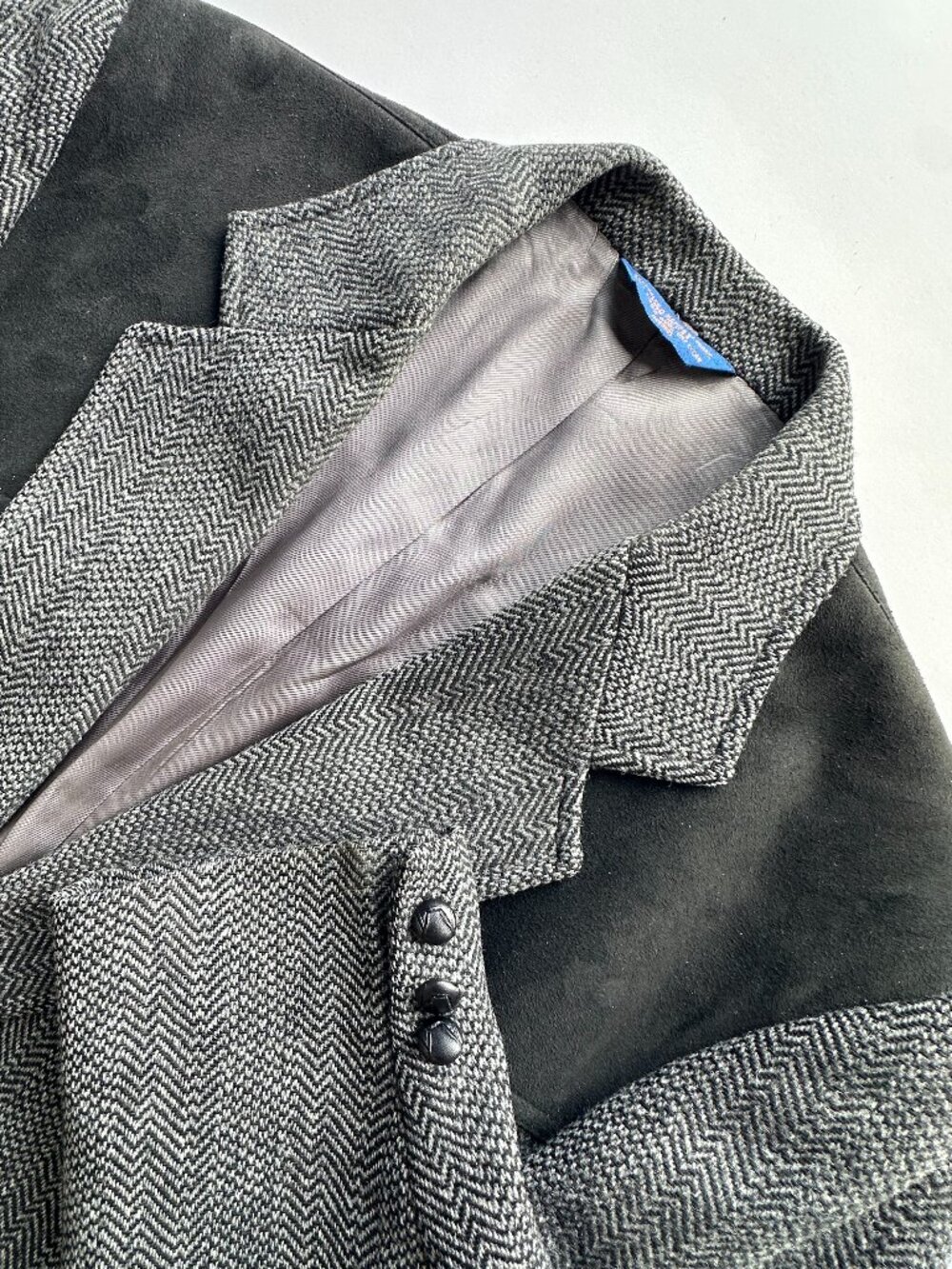 Pendleton Men 44L Blk/Gry Herringbone Wool Jacket Blazer Suede Elbow Patch Yoke